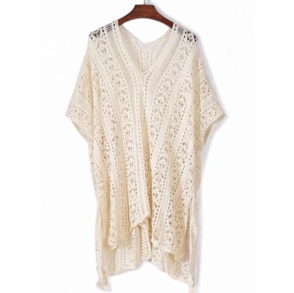 Beige Crochet Knit Beach Swim Coverup Poncho Tunic - Picture 5 of 8